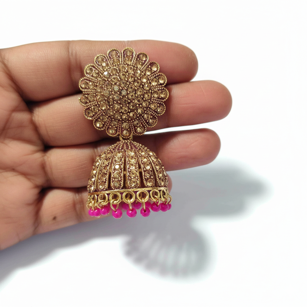 Royal Turquoise Kundan Jhumka Earrings with Pink Bead Drops